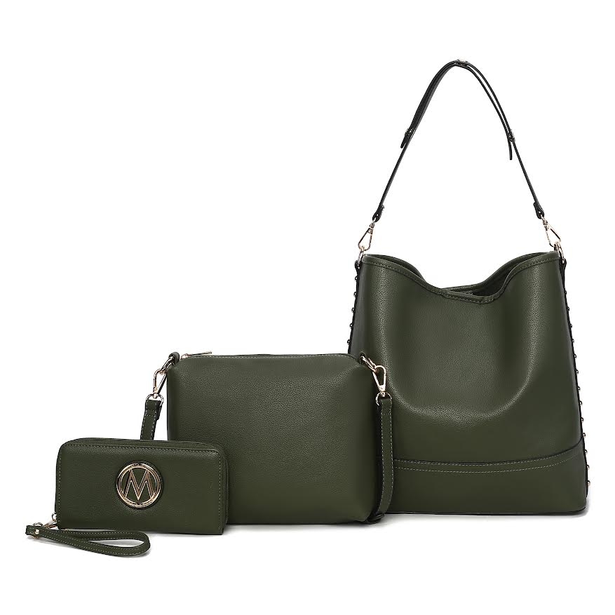 Three-piece dark green bag set with a large shoulder bag, a crossbody bag, and a wristlet wallet featuring a circular metal logo.