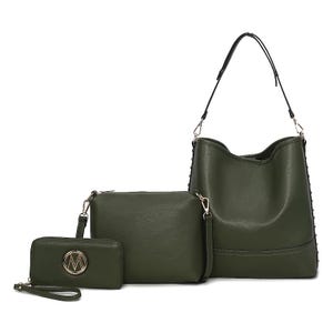 Three-piece dark green bag set with a large shoulder bag, a crossbody bag, and a wristlet wallet featuring a circular metal logo.
