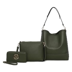 Three-piece dark green bag set with a large shoulder bag, a crossbody bag, and a wristlet wallet featuring a circular metal logo.