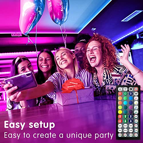 A group of people is enjoying a party illuminated by colorful LED strip lights, which can be controlled by a remote with various color options.