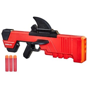 The Nerf Roblox Shark Seeker Dart Blaster features a red and black design with a distinct shark fin on top and comes with three red foam darts.