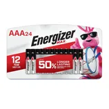 Energizer Max AAA batteries, 24-pack, featuring up to 50% longer-lasting performance and a 12-year shelf life, with an Energizer bunny illustration.