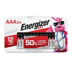 Energizer Max AAA batteries, 24-pack, featuring up to 50% longer-lasting performance and a 12-year shelf life, with an Energizer bunny illustration.