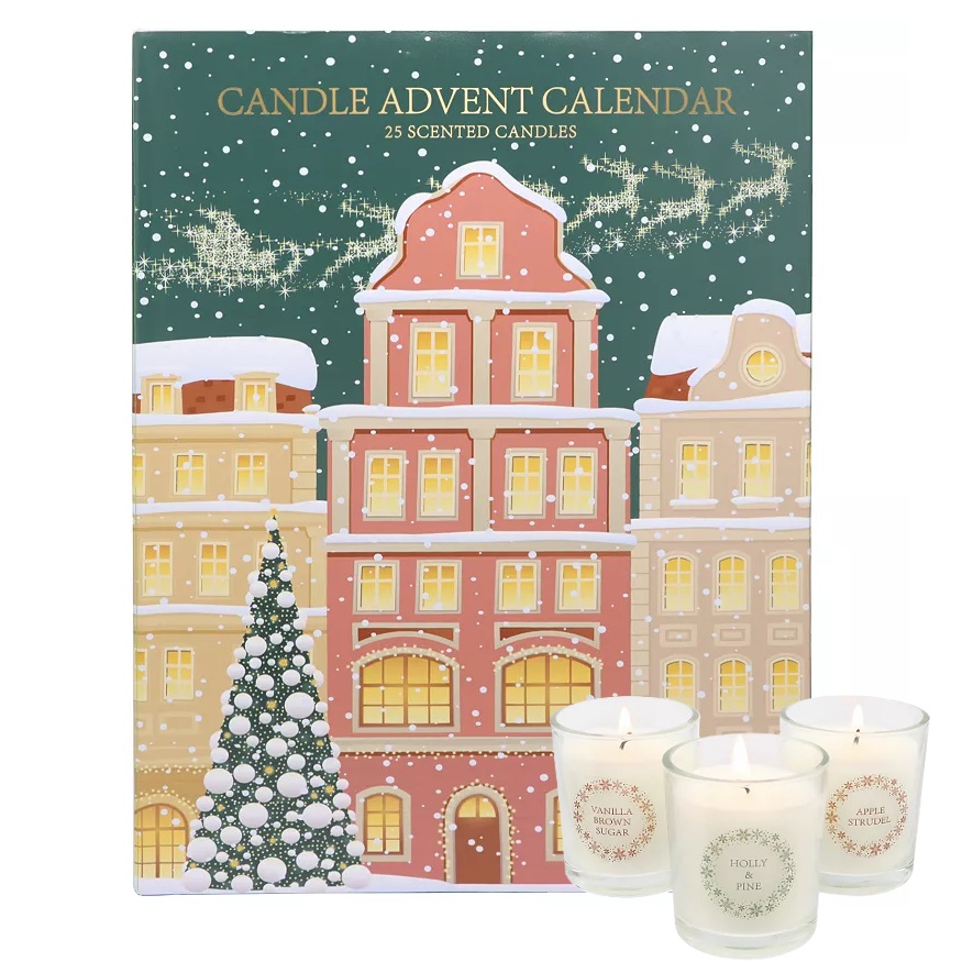 Candle Advent Calendar with 25 scented candles, featuring illustrated festive buildings and included candles like Vanilla Sugar, Holly Pine, and Apple Strudel.