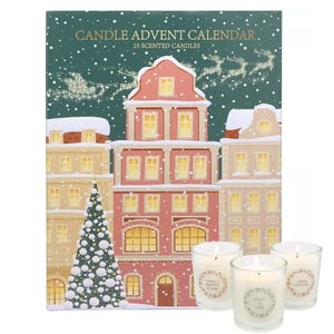 Candle Advent Calendar with 25 scented candles, featuring illustrated festive buildings and included candles like Vanilla Sugar, Holly Pine, and Apple Strudel.