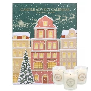 Candle Advent Calendar with 25 scented candles, featuring illustrated festive buildings and included candles like Vanilla Sugar, Holly Pine, and Apple Strudel.