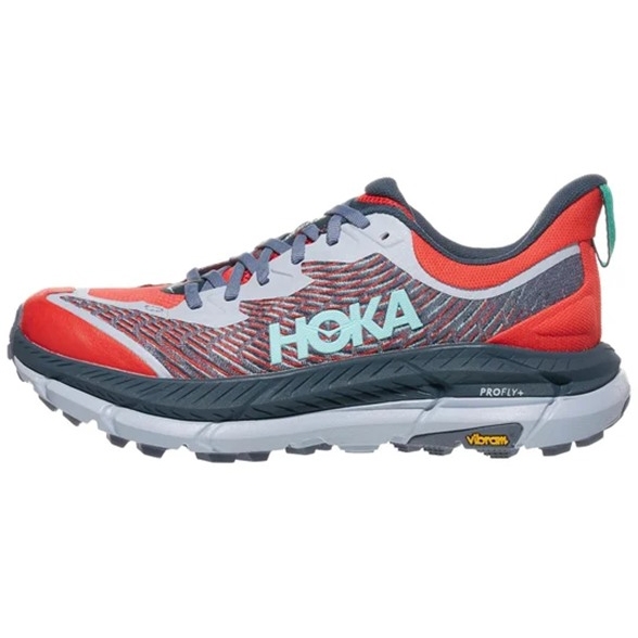 Hoka Mafate Speed 4 shoes are designed for trail running, featuring a vibrant red and gray color scheme, cushioned midsoles, and durable Vibram outsoles for enhanced traction.