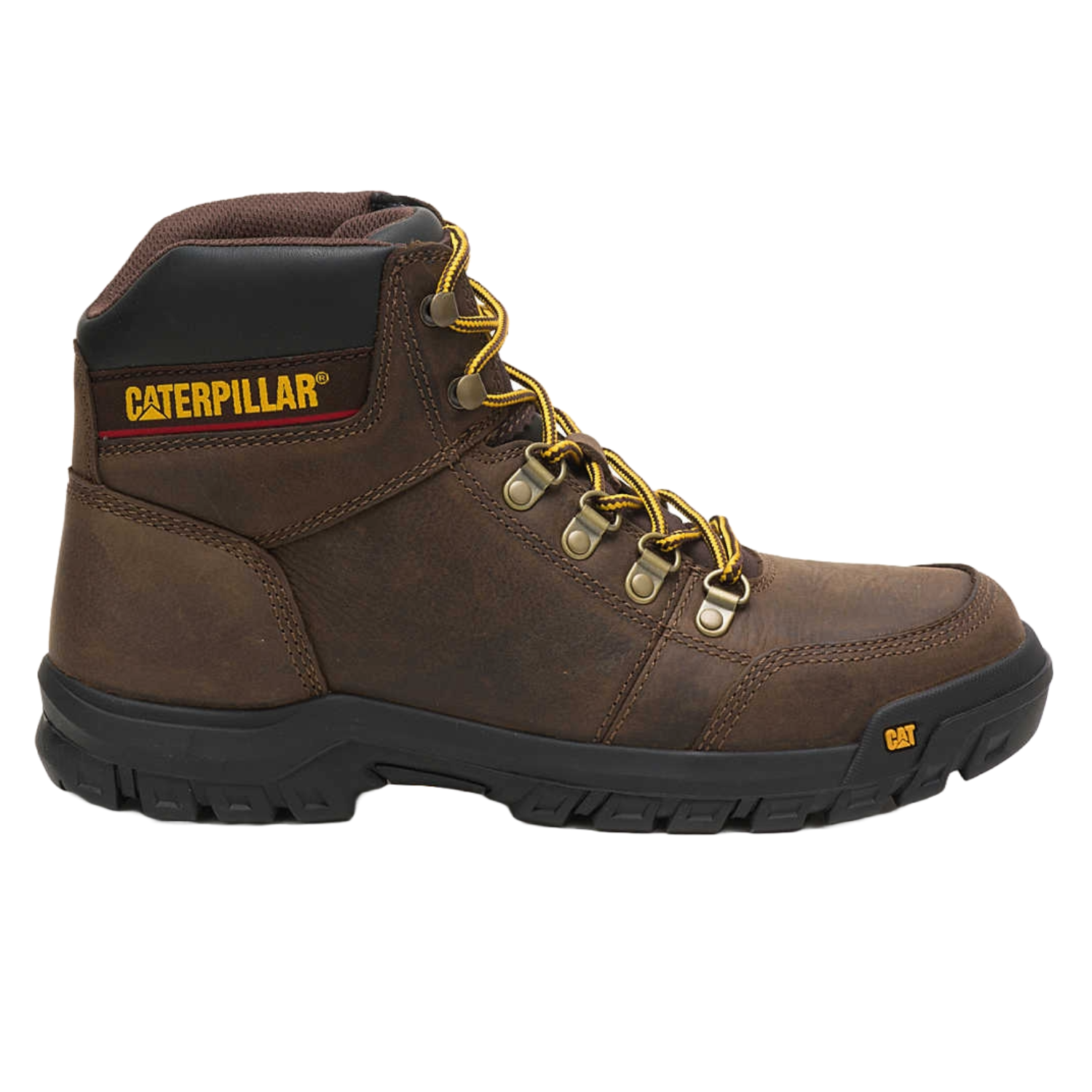 Brown leather work boots with a black rubber sole, yellow laces, and metal eyelets, featuring the Caterpillar logo on the side.