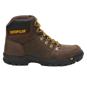 Brown leather work boots with a black rubber sole, yellow laces, and metal eyelets, featuring the Caterpillar logo on the side.