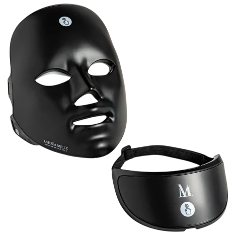 A black LED light therapy facial mask and an eye mask with adjustable straps, featuring small logos on both items.