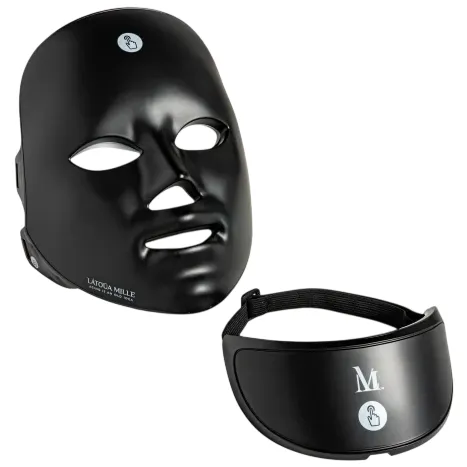A black LED light therapy facial mask and an eye mask with adjustable straps, featuring small logos on both items.