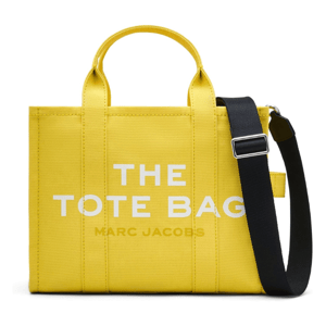 Bright yellow Marc Jacobs Medium Tote Bag with \“THE TOTE BAG\“ and \“MARC JACOBS\“ printed in white. Features dual top handles and a detachable, adjustable black shoulder strap.