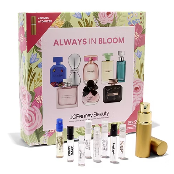 The 8-piece Beauty in Bloom Perfume Gift Set from JCPenney Beauty includes sample vials of various fragrances and a bonus atomizer, all packaged in a floral-themed box.