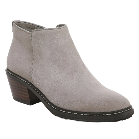 Sam Edelman Pryce Booties are stylish ankle boots with a smooth, light gray suede upper, a low block heel, and a rounded toe. They have a minimalist design with a stitched sole and wooden heel detail.