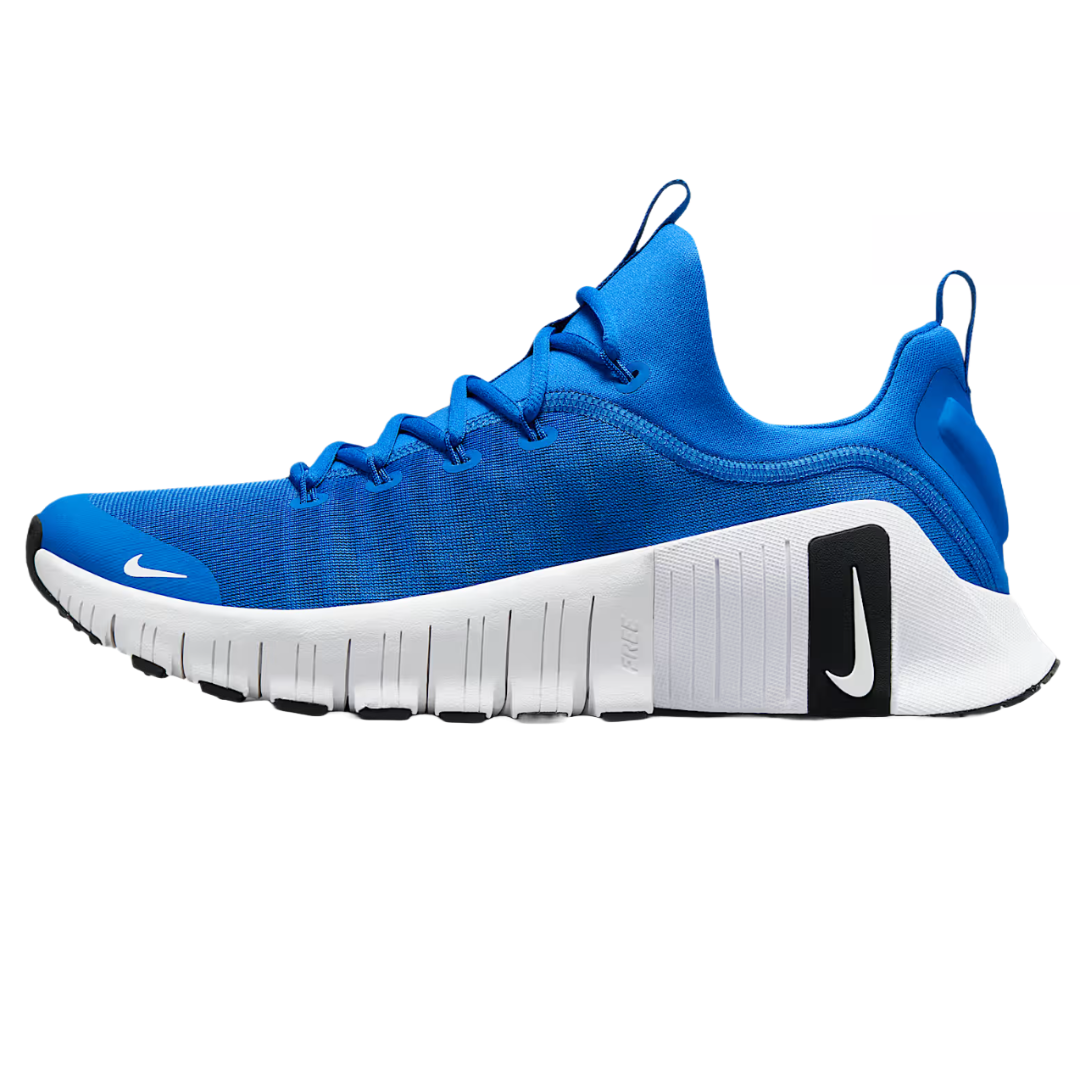Nike Free Metcon 6 Shoes feature a vibrant blue color with a low-top design. They have a flexible white sole with black accents and a breathable mesh upper for comfort.