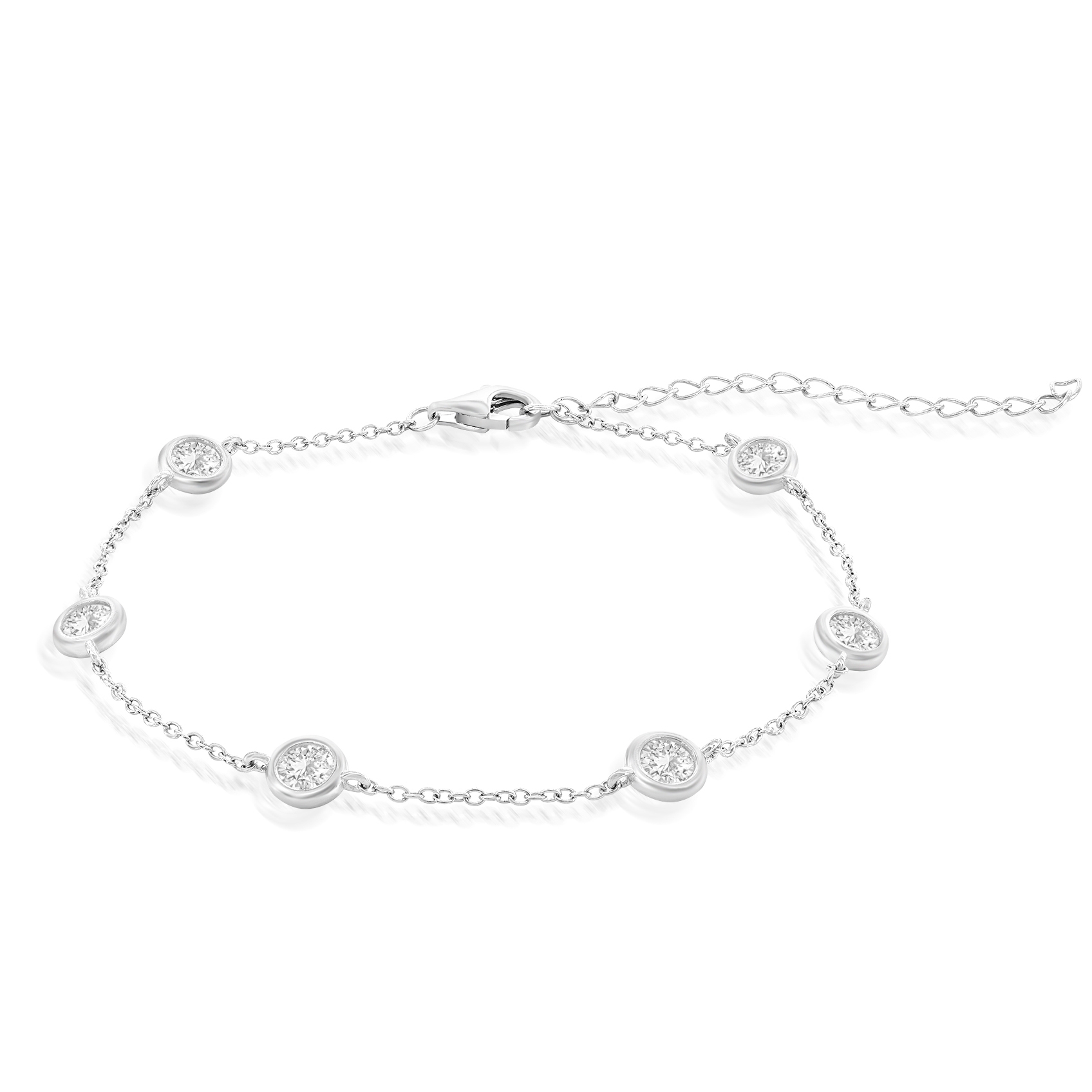 A delicate silver bracelet featuring a series of small circular settings with clear stones, connected by a fine chain and secured with a lobster clasp.