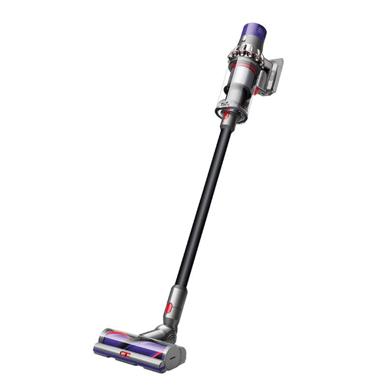 A cordless stick vacuum cleaner with a slim design and a motorized brush head.