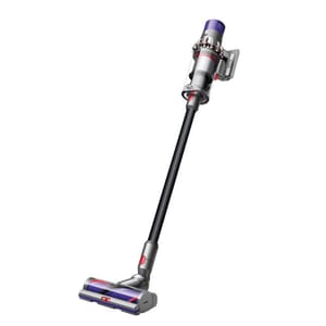 A cordless stick vacuum cleaner with a slim design and a motorized brush head.