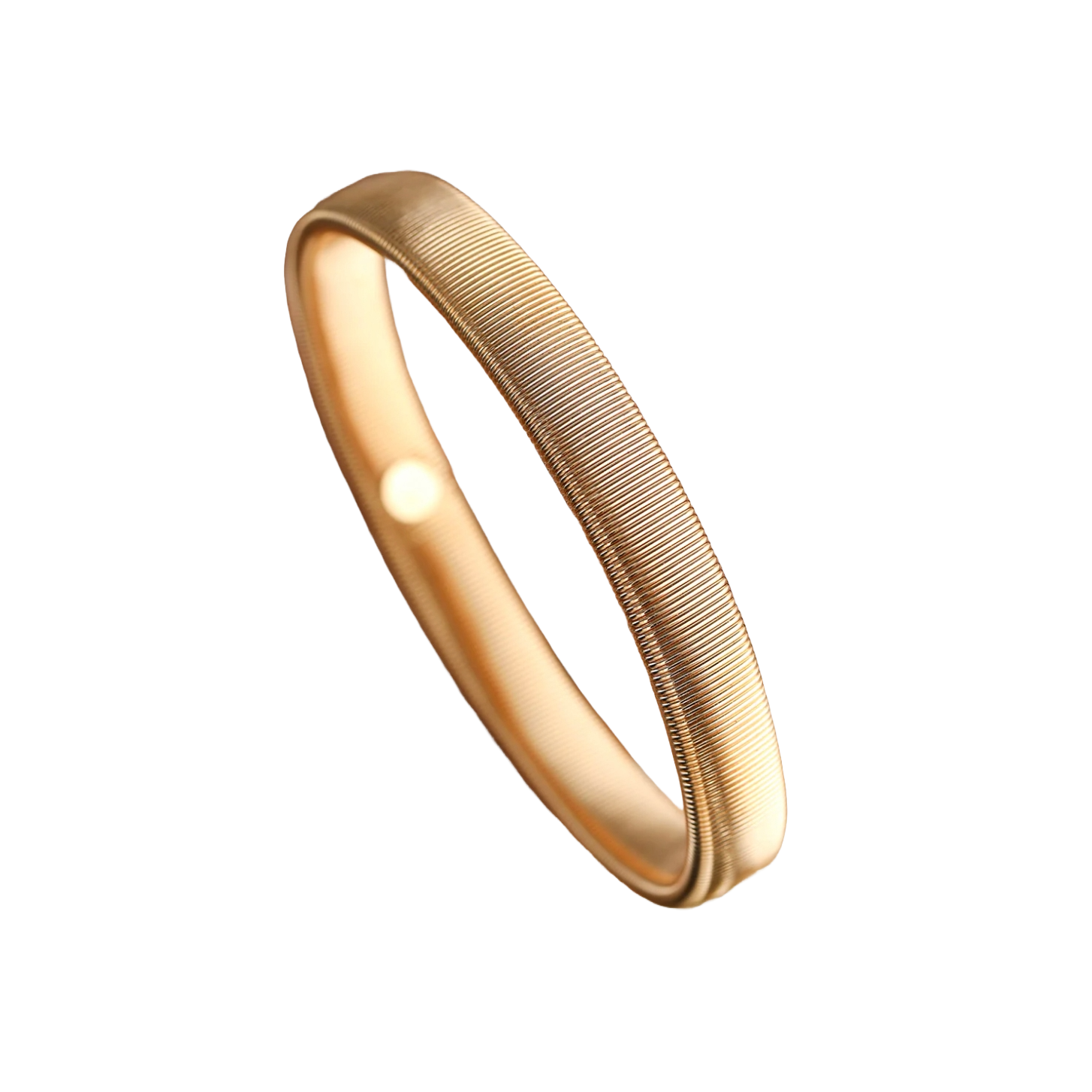 Gold bangle bracelet with a textured surface and smooth interior.