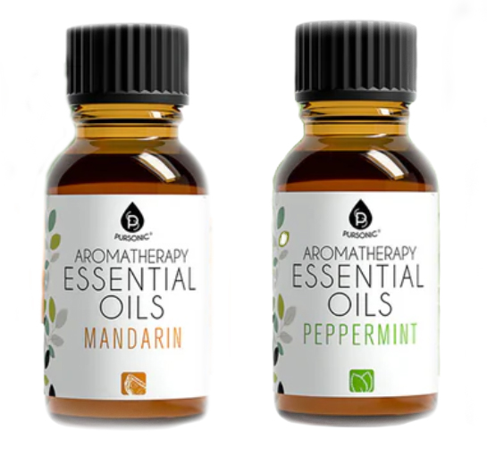 42-pack Aromatherapy Essential Oils with scents including Mandarin and Peppermint, suitable for various uses such as enhancing relaxation and well-being. Each bottle is made of amber glass with black caps and features clear labeling.