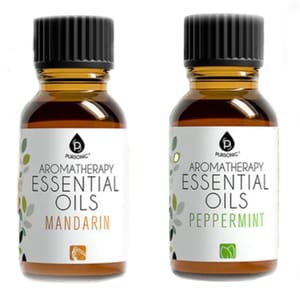 42-pack Aromatherapy Essential Oils with scents including Mandarin and Peppermint, suitable for various uses such as enhancing relaxation and well-being. Each bottle is made of amber glass with black caps and features clear labeling.