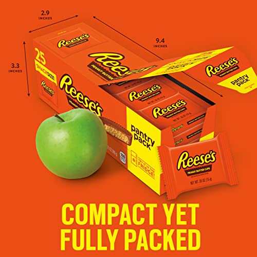 Reese's Peanut Butter Cups are depicted in their packaging, alongside a green apple for scale. Dimensions: 3.3 inches high, 2.9 inches wide, 9.4 inches long.