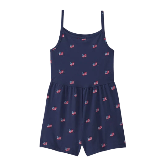 A navy blue romper with thin straps, featuring a pattern of small American flags.