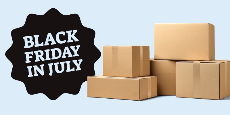 black friday in july text over black background with red shopping bags