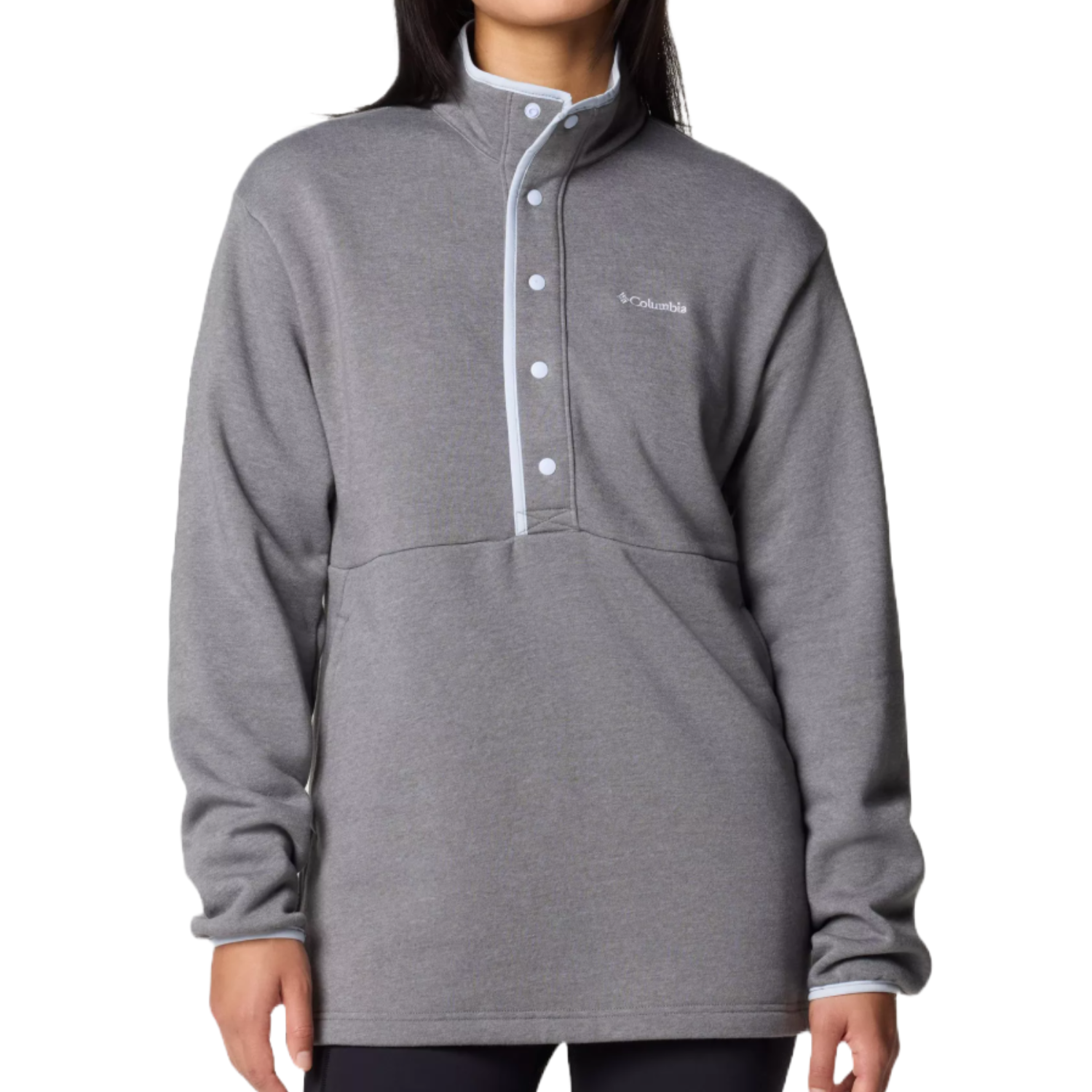The Columbia Hart Mountain Tunic is a gray, long-sleeve pullover with a high collar and snap-button closure. It features a simple design with the Columbia logo on the chest.