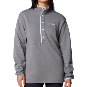 The Columbia Hart Mountain Tunic is a gray, long-sleeve pullover with a high collar and snap-button closure. It features a simple design with the Columbia logo on the chest.