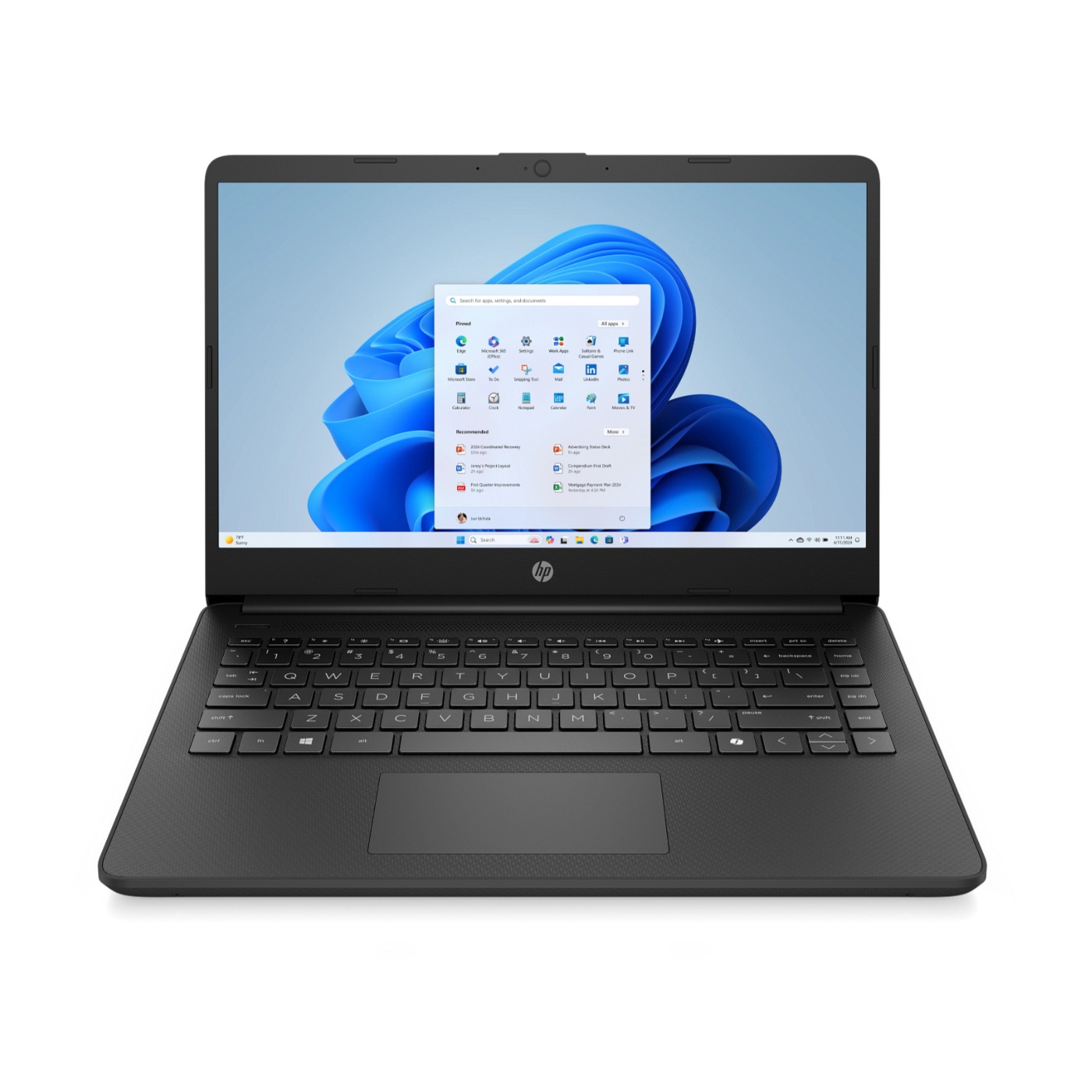 HP laptop with a black finish, featuring a Windows 11 home screen.