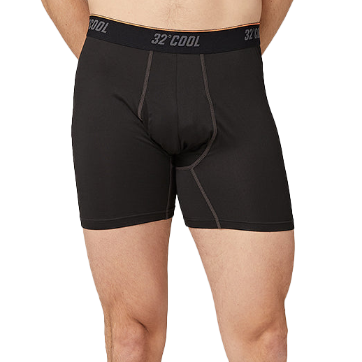 Black men's boxer briefs with \“32° COOL\“ on the waistband, featuring a snug fit and visible seams.