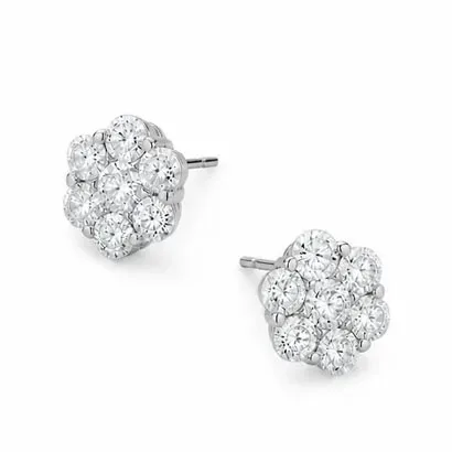 A pair of stud earrings featuring clusters of round diamonds arranged in a floral pattern, set in a white metal, likely white gold or platinum.
