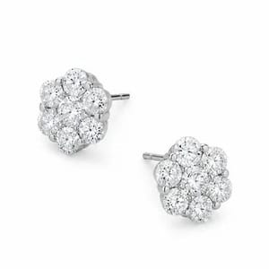 A pair of stud earrings featuring clusters of round diamonds arranged in a floral pattern, set in a white metal, likely white gold or platinum.