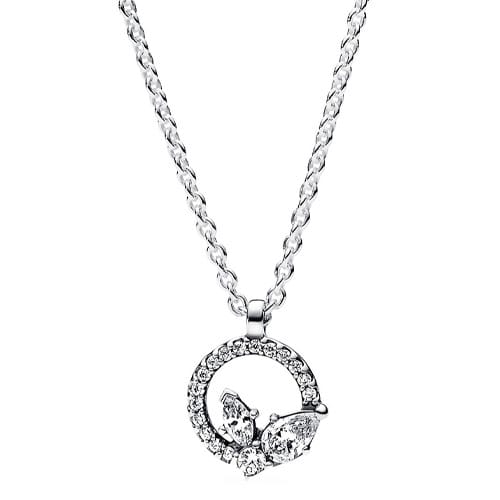 A silver chain necklace featuring a circular pendant encrusted with small crystals, adorned with butterfly-like crystal accents.