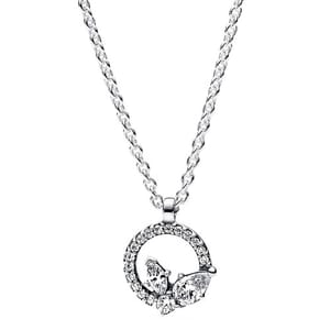 A silver chain necklace featuring a circular pendant encrusted with small crystals, adorned with butterfly-like crystal accents.