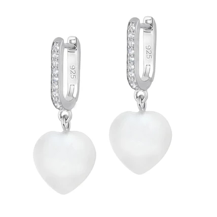 Silver hoop earrings with cubic zirconia stones featuring heart-shaped pearl charms.