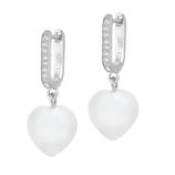 Silver hoop earrings with cubic zirconia stones featuring heart-shaped pearl charms.