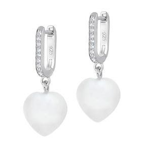 Silver hoop earrings with cubic zirconia stones featuring heart-shaped pearl charms.