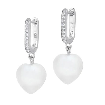 Silver hoop earrings with cubic zirconia stones featuring heart-shaped pearl charms.