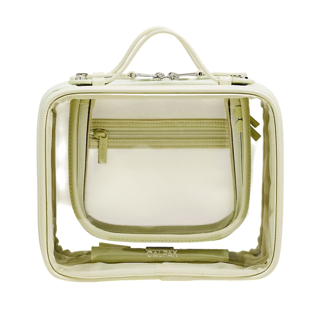 Clear cube-shaped bag with a handle, featuring a zippered pocket inside.