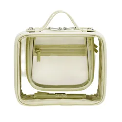 Clear cube-shaped bag with a handle, featuring a zippered pocket inside.