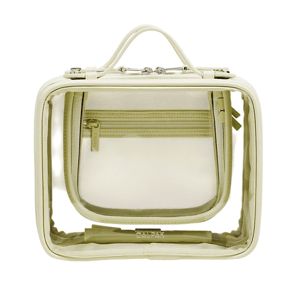 Clear cube-shaped bag with a handle, featuring a zippered pocket inside.