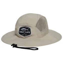 A beige wide-brimmed hat with mesh ventilation on the sides, featuring a \“Salt Life\“ patch displaying a fish graphic and \“Est. 2003.\“