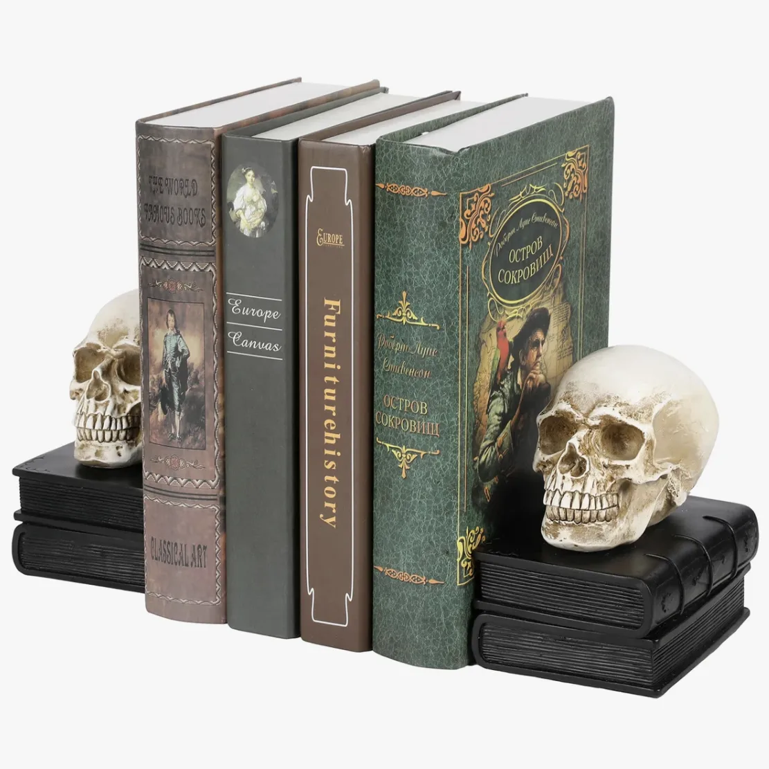 Skull bookends hold up a row of books with varied covers, including titles related to art and history.