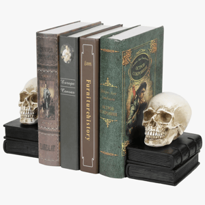 Skull bookends hold up a row of books with varied covers, including titles related to art and history.