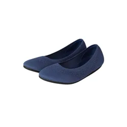 A pair of navy blue knit ballet flats with rounded toes and textured detailing.