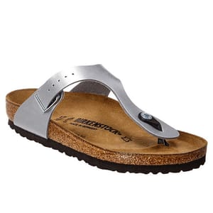 A silver thong-style sandal with a cork footbed and black rubber sole, marked with the brand name, offering adjustable straps for comfort and support.