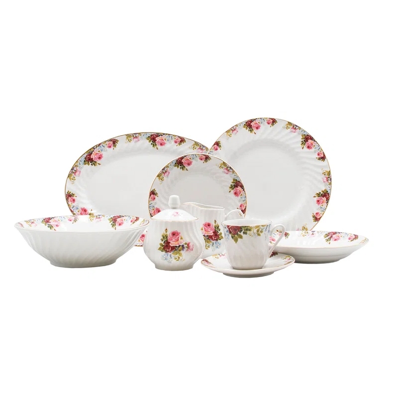 A 45-piece handmade porcelain dinnerware set featuring a floral pattern with pink roses along the rims, includes plates, bowls, a teapot, a creamer, sugar bowl, and teacup with saucer, all with matching decorative details.