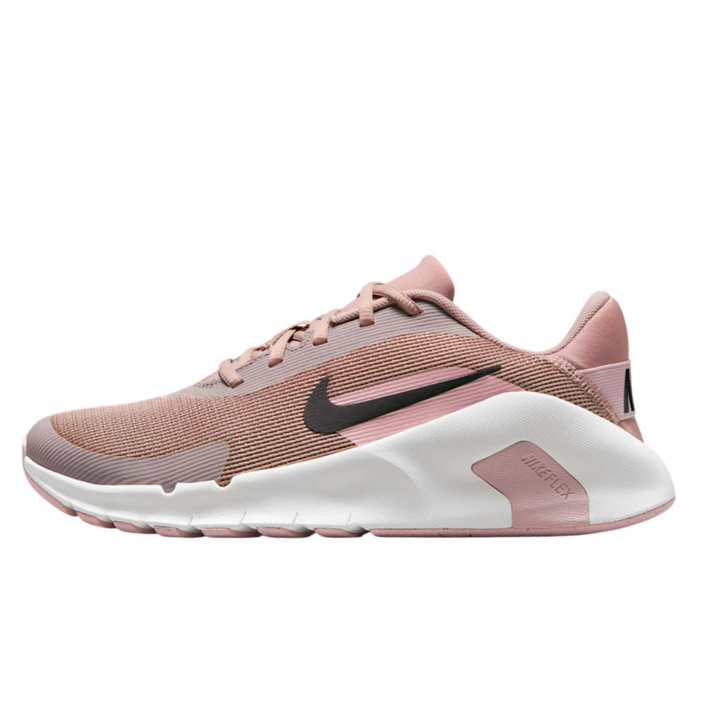 A pink and black athletic shoe with a textured mesh upper and Nike swoosh, featuring a white and light pink sole for flexibility.